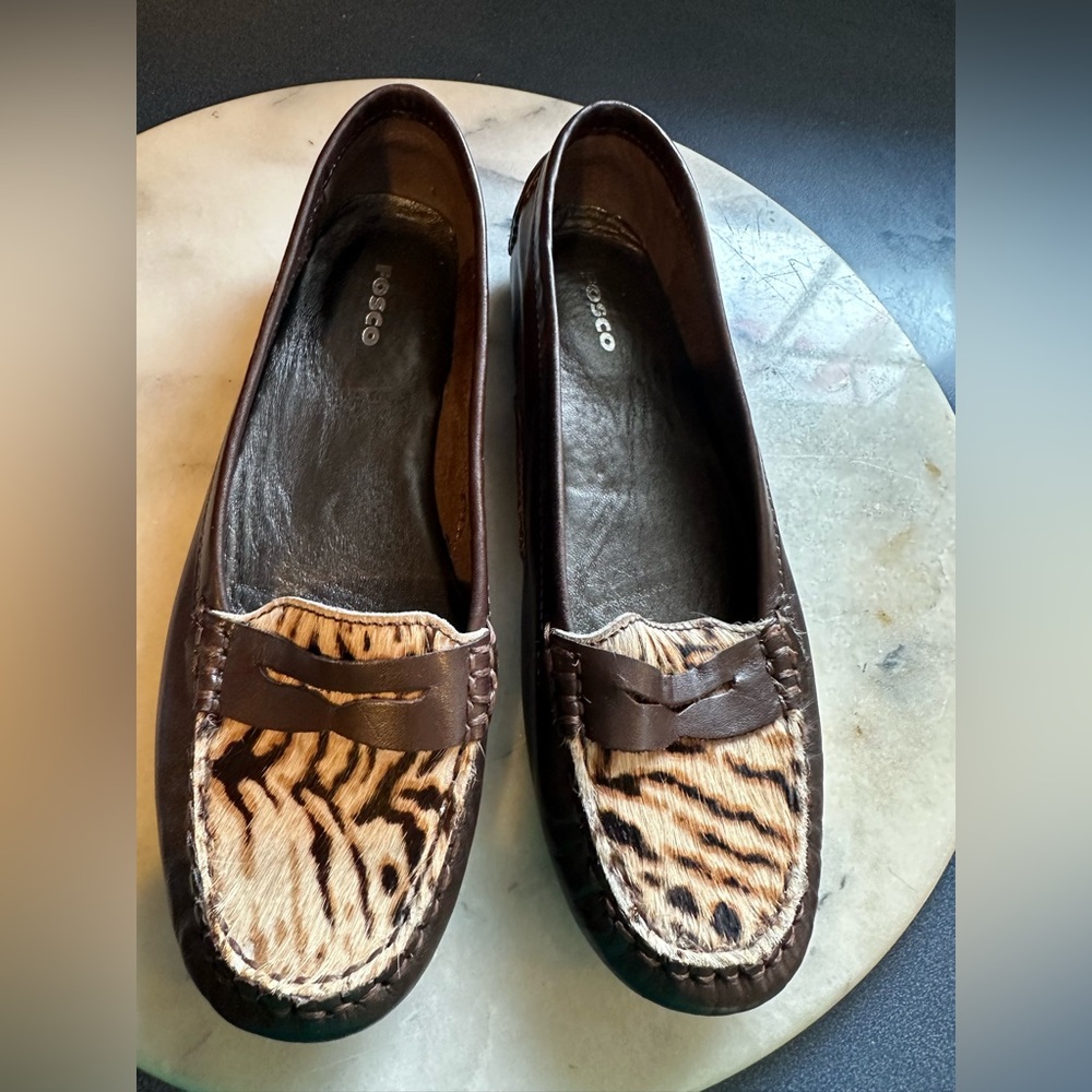 Fosco Brown With Animal Print Real Calf Hair Authentic Moccasins  SZ 7 1/2